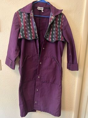 Vintage Out West Purple Women's Long Duster Coat with Patterned Yoke
